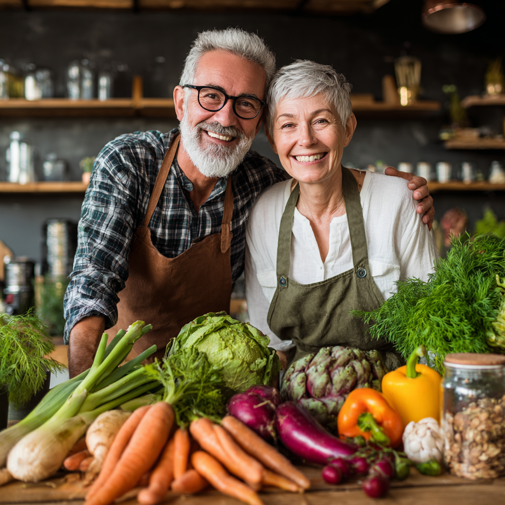 Middle-aged couple enjoying diverse healthy foods from different dietary plans